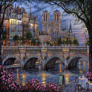 Other Urban Cityscapes Painting - bridge street cafe buildings riverbank cityscape modern city scenes